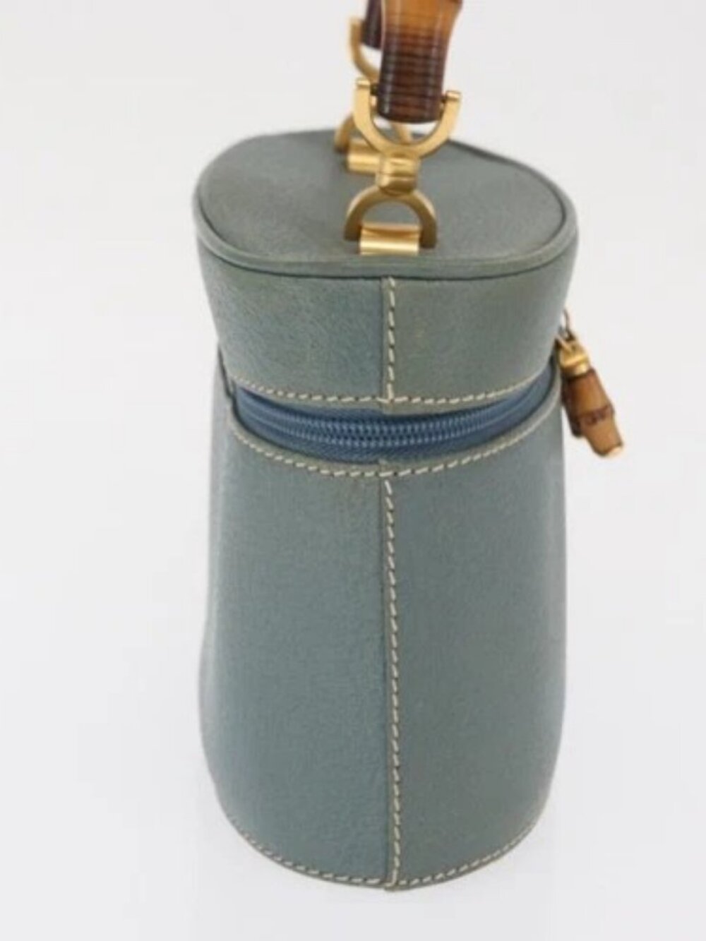 GUCCI Bamboo Vanity Cosmetic Pouch Leather Blue Gold 000 984 0232 Auth 169467 - Picture 5 of 16